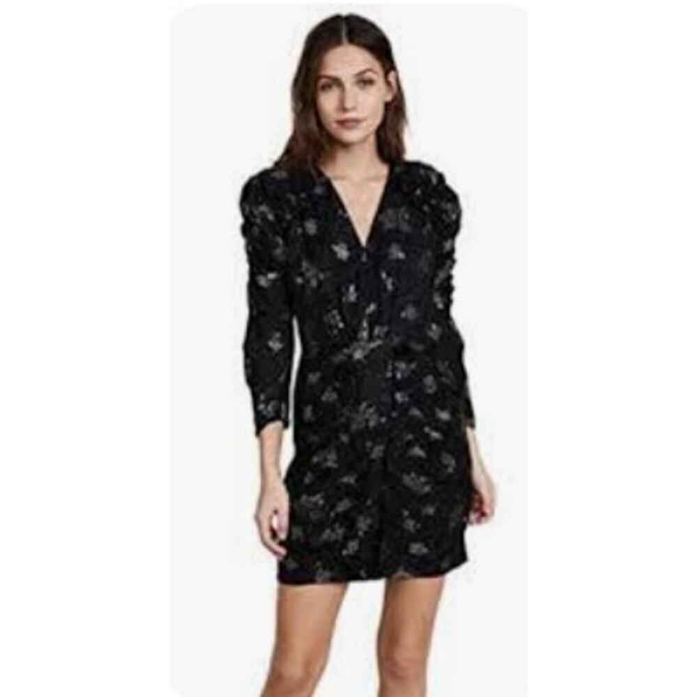 NEW Rebecca Taylor Glitter 100% Silk Jacquard Black Dress Lined Long Sleeve 0